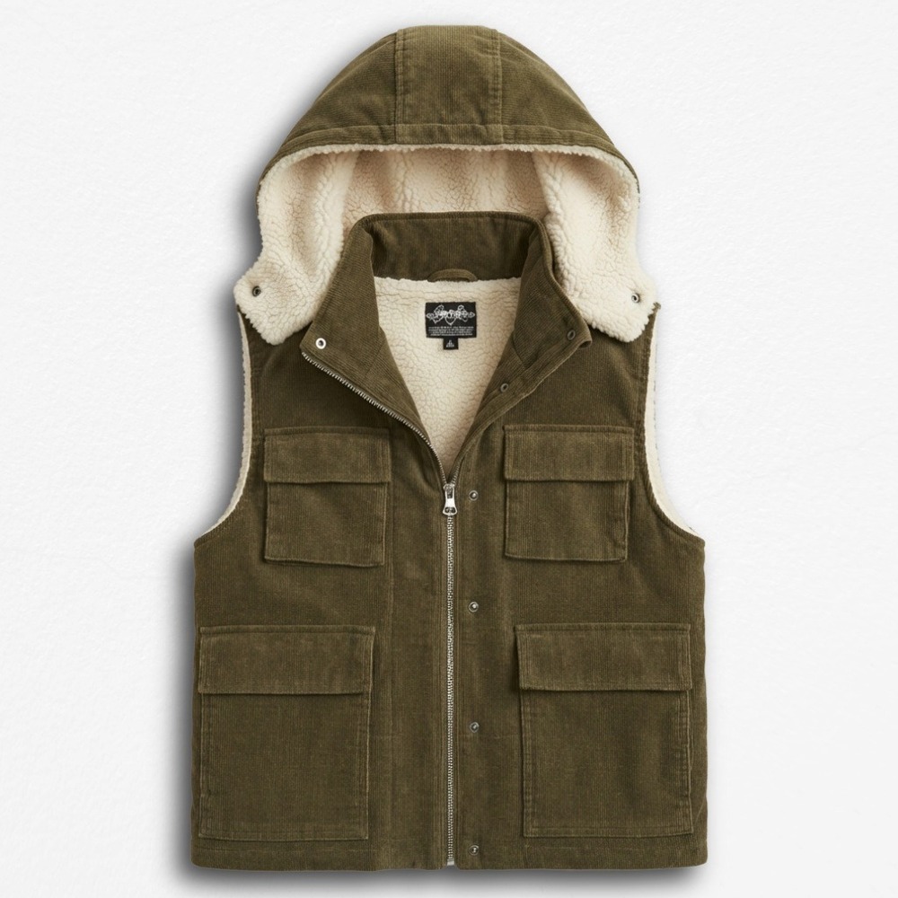 Finity Womens Olive Green Corduroy Sherpa Lined Hooded Utility Cargo Vest Small
